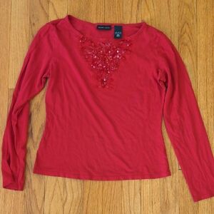 New York & Company Red Embellished Long Sleeve Top